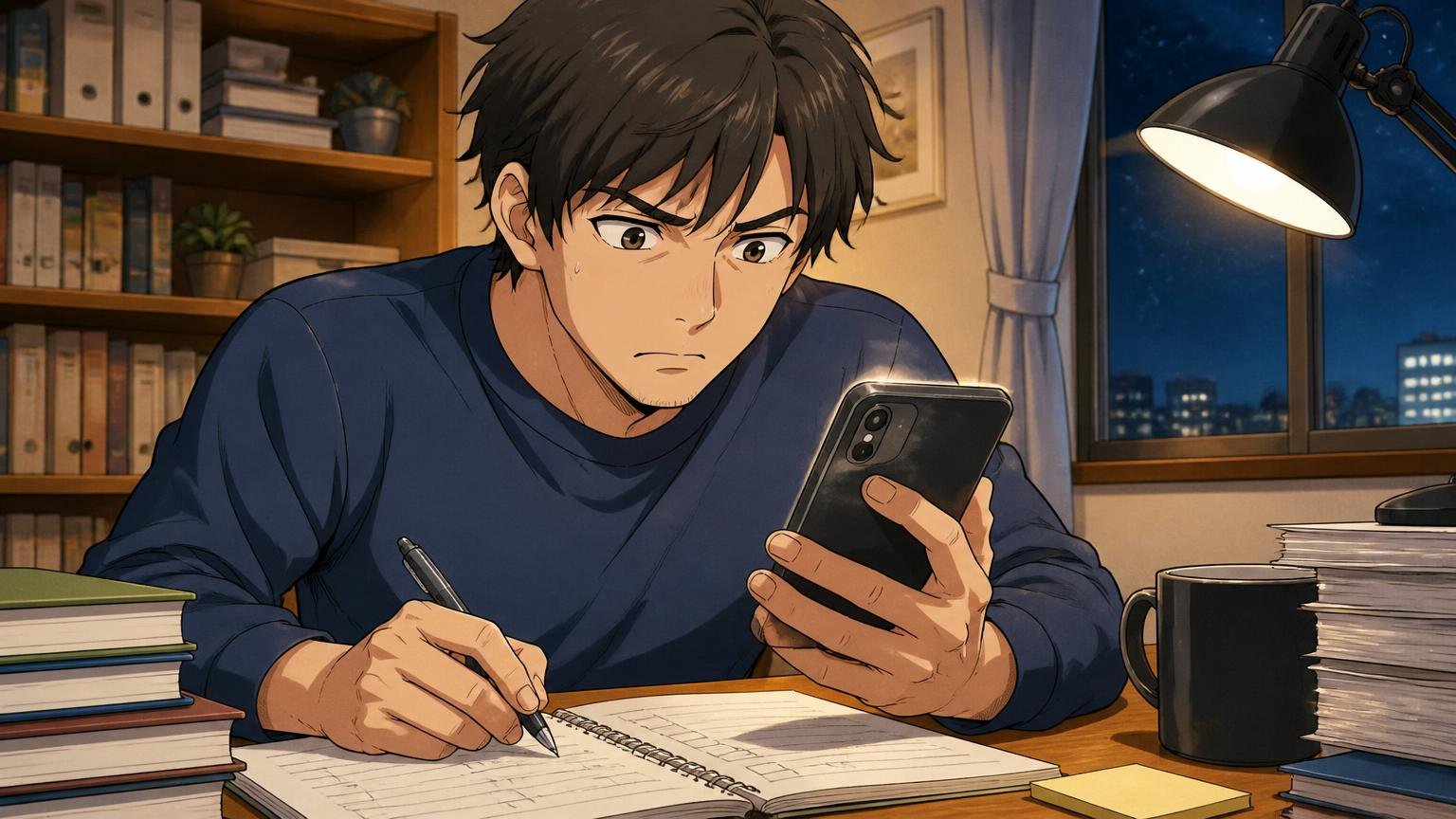 修理・返品・送料の条件を先に確かめる 夜の書斎で男性がスマホで返品条件のページを読みながらメモを取り真剣な表情を浮かべる場面