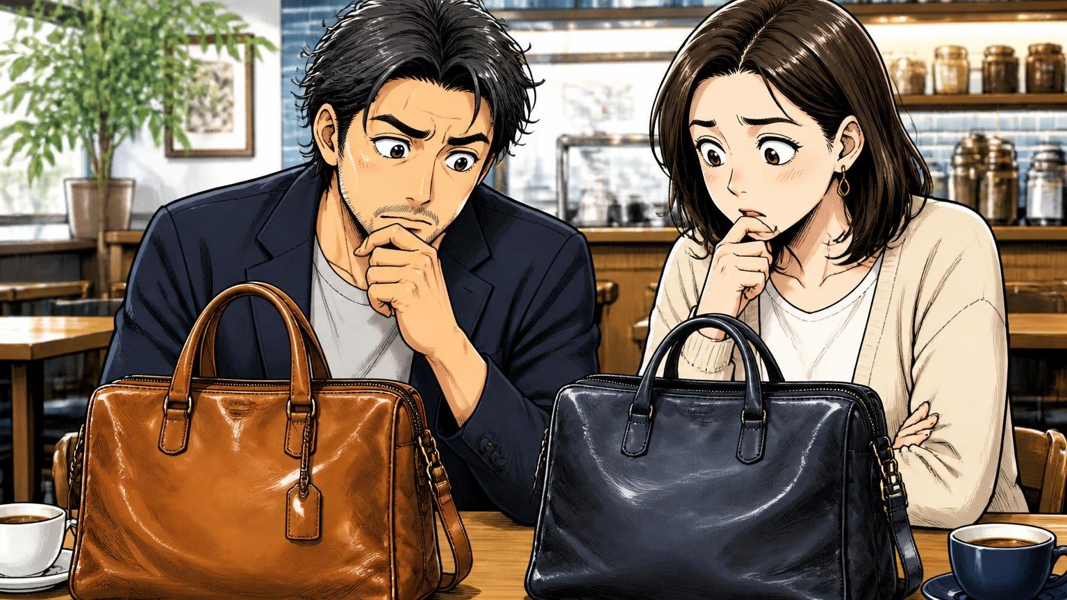 アニアリが向いている人・向いていない人、カフェのテーブルで色違いの革バッグの写真を見比べて迷う40代男性と妻の2人