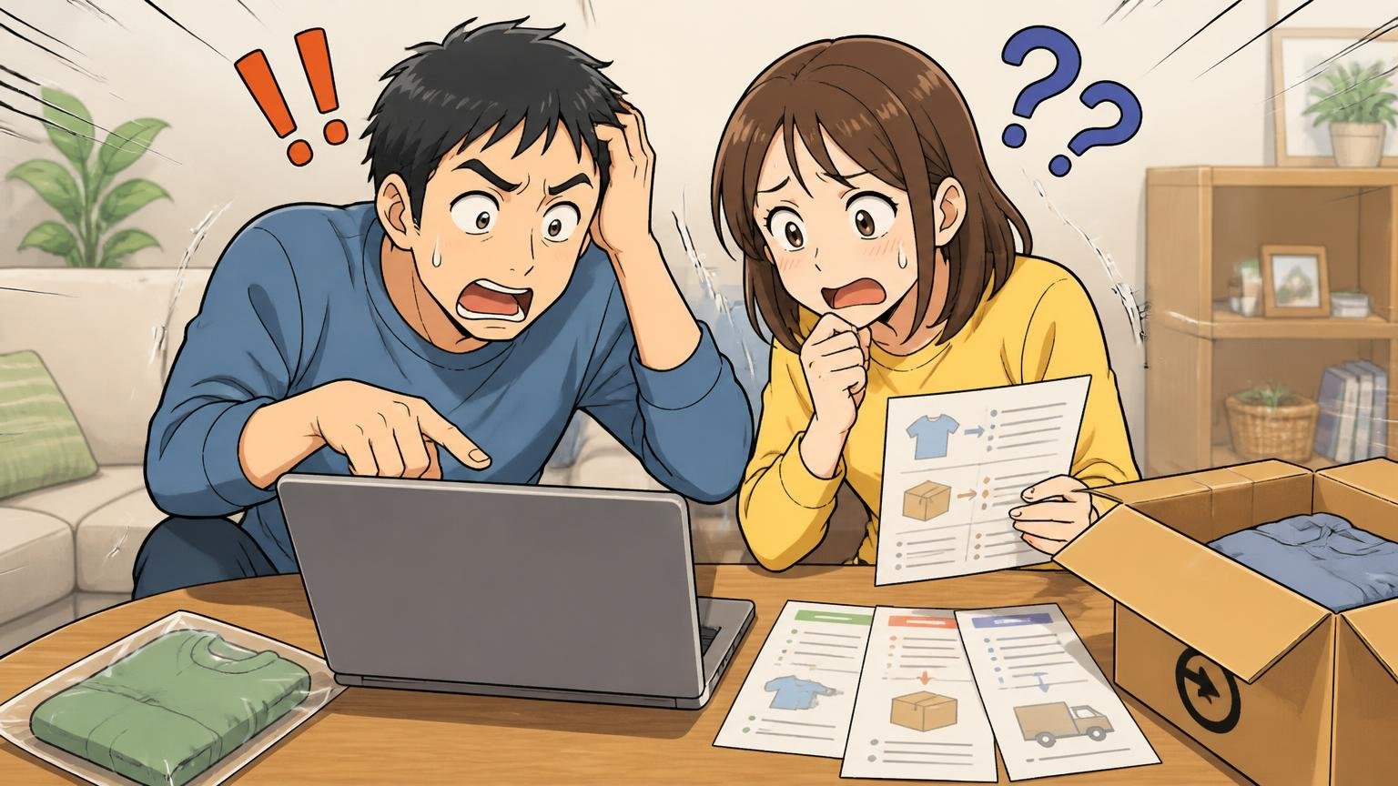 修理・返品・送料の条件は購入店ごとに違う、リビングのテーブルで通販サイトの返品ページを夫婦で確かめる場面