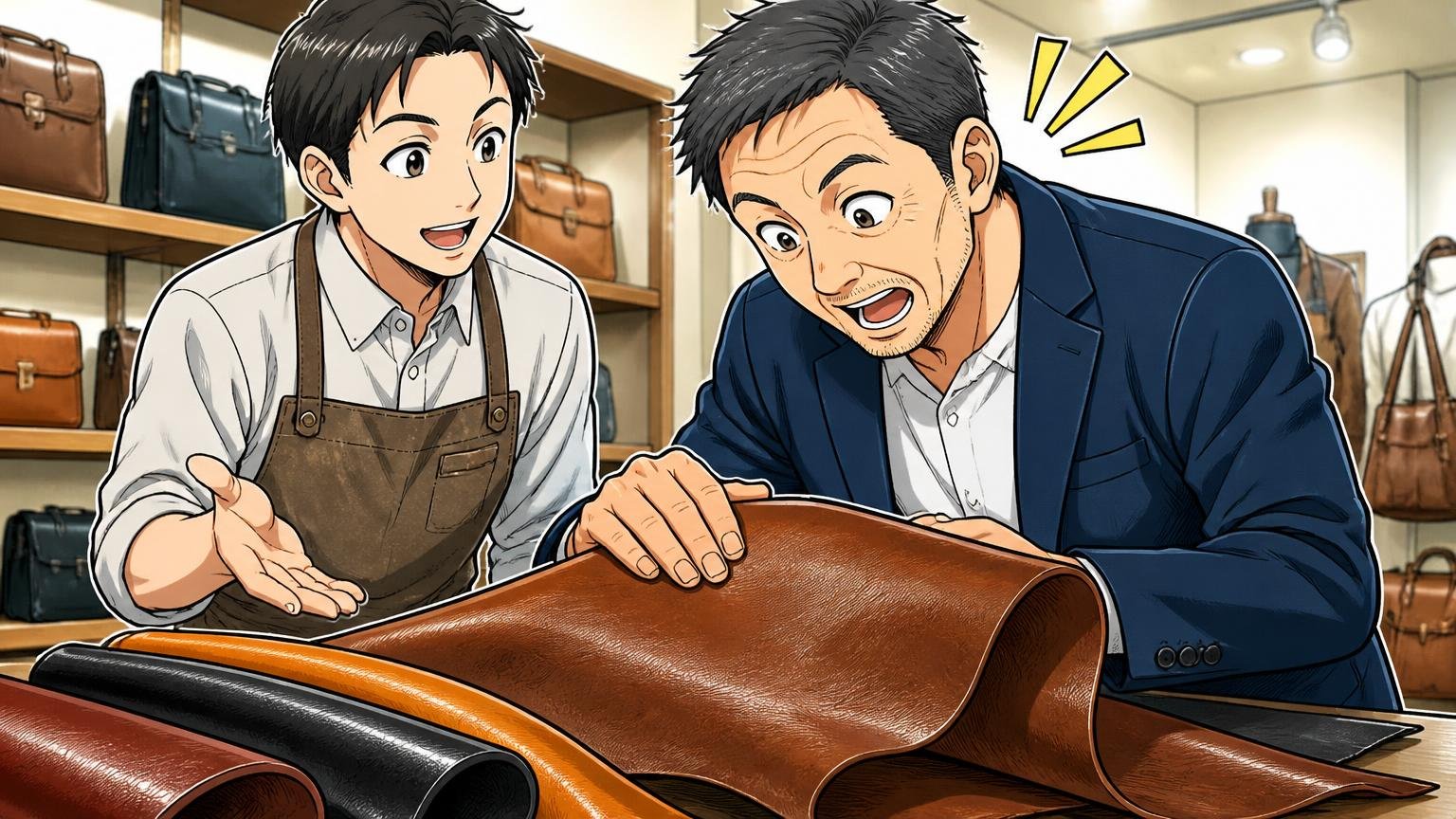 ステップ2　店舗やショールームで実物を手に取る ショールームで店員から革の質感の説明を受ける40代男性が革をなでて驚く場面