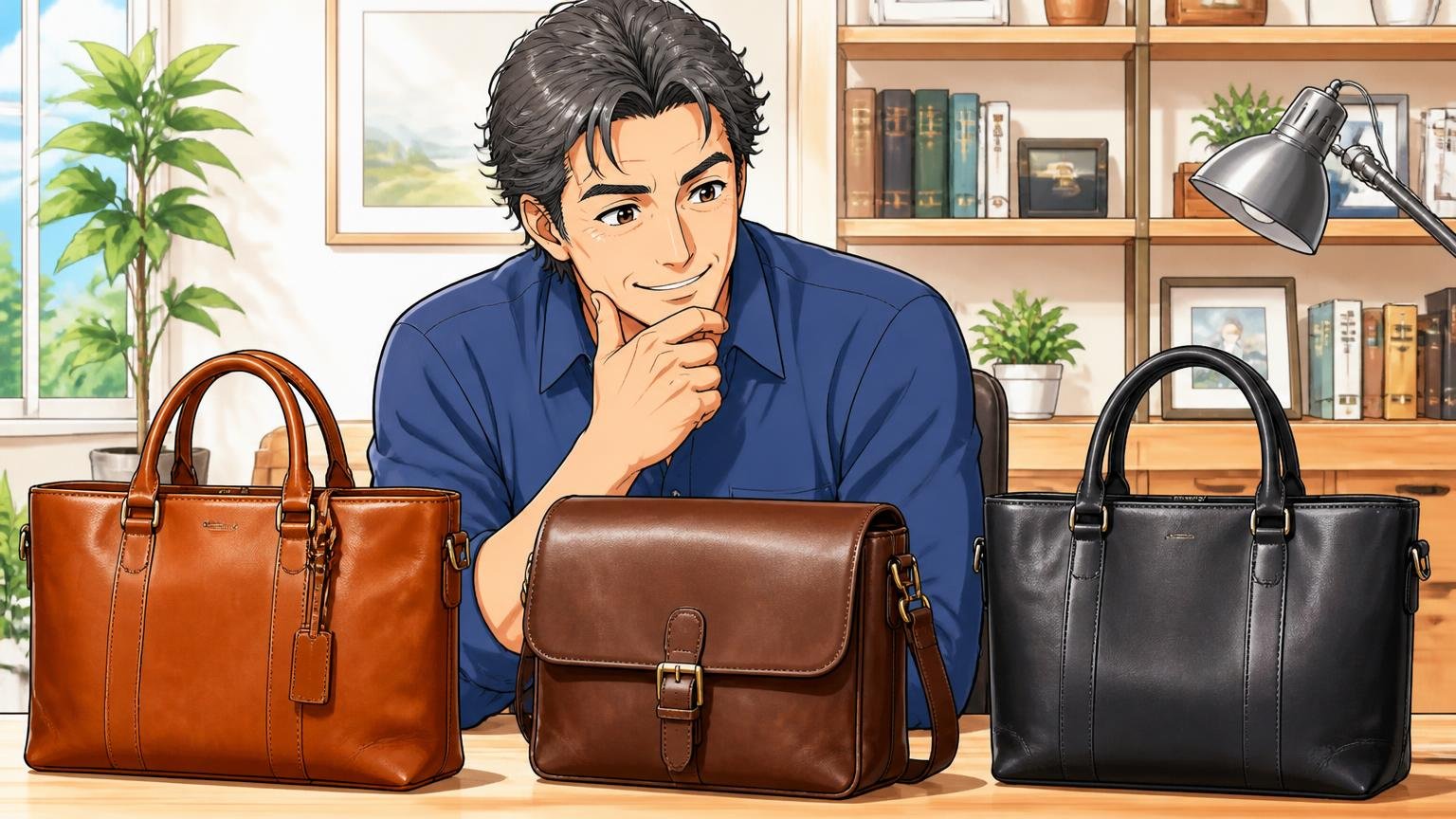 評判を比べ尽くした40代が最終候補に残したい日本製の革バッグブランド3選。明るい書斎で3つの革バッグを並べ、満足げに見比べる40代男性1人