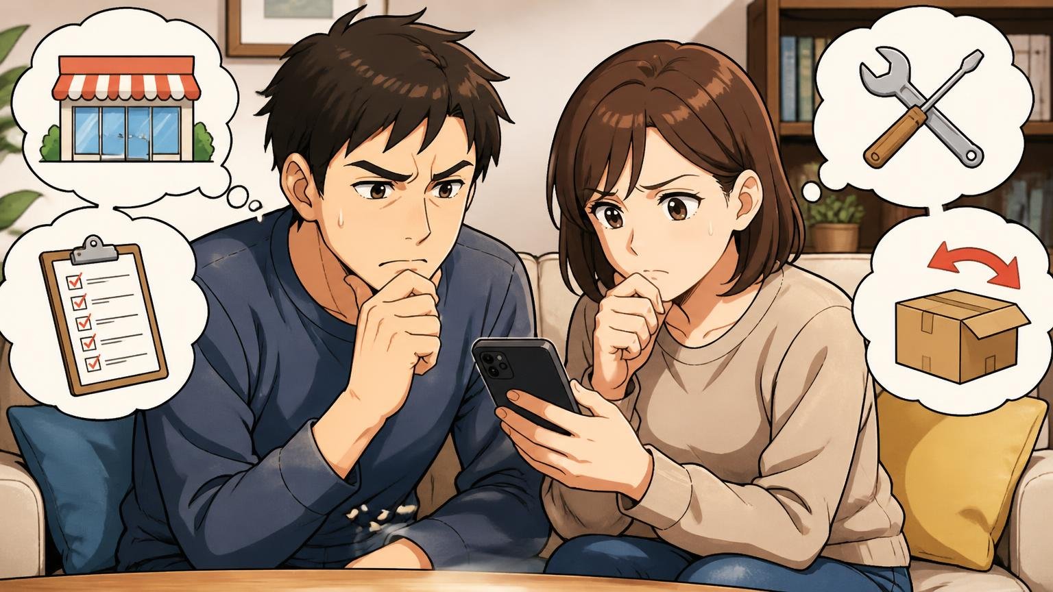 公式ショップと取扱店で、返品と修理の条件を確かめる 自宅のソファでスマホの返品条件を読み込む夫婦2人 真剣な表情