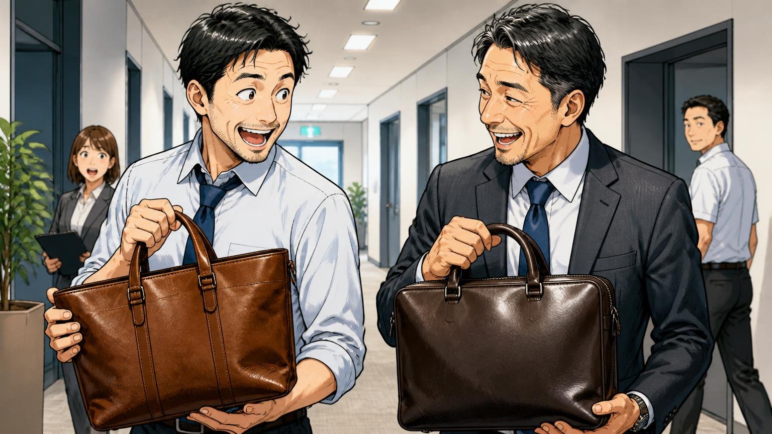 「渋い」は欠点ではなく、10年先を見据えた選び方　オフィスの廊下で30代と40代の男性2人が革バッグを見比べて笑い合う場面