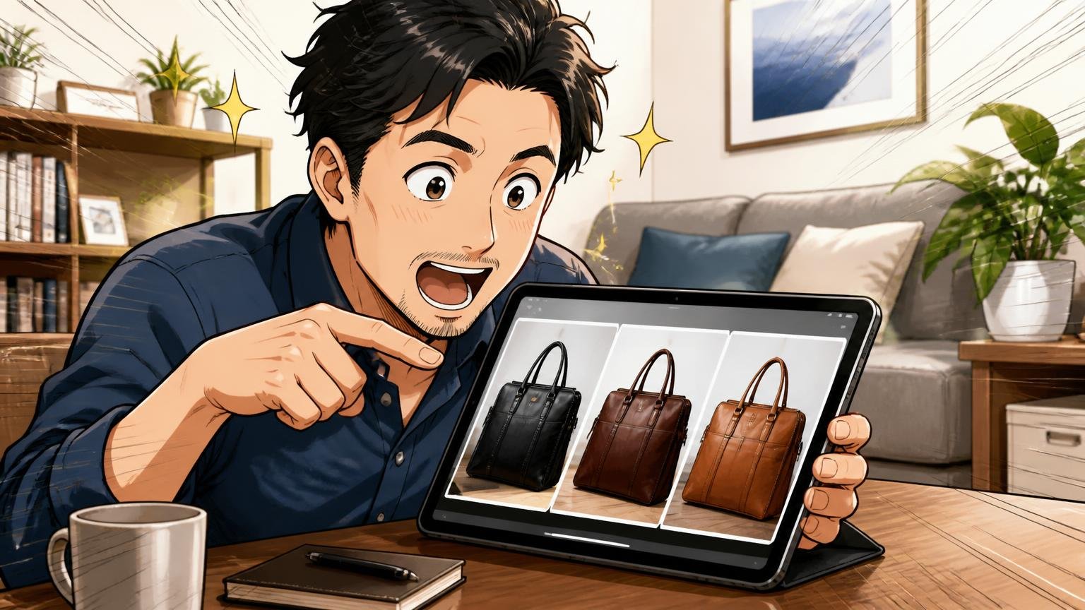 仕事用に長く使う1本を探す40代が見比べたい、日本製メンズ革バッグブランド3選 自宅のリビングでタブレットに映る革のビジネスバッグを見比べる40代男性1人が目を輝かせる場面