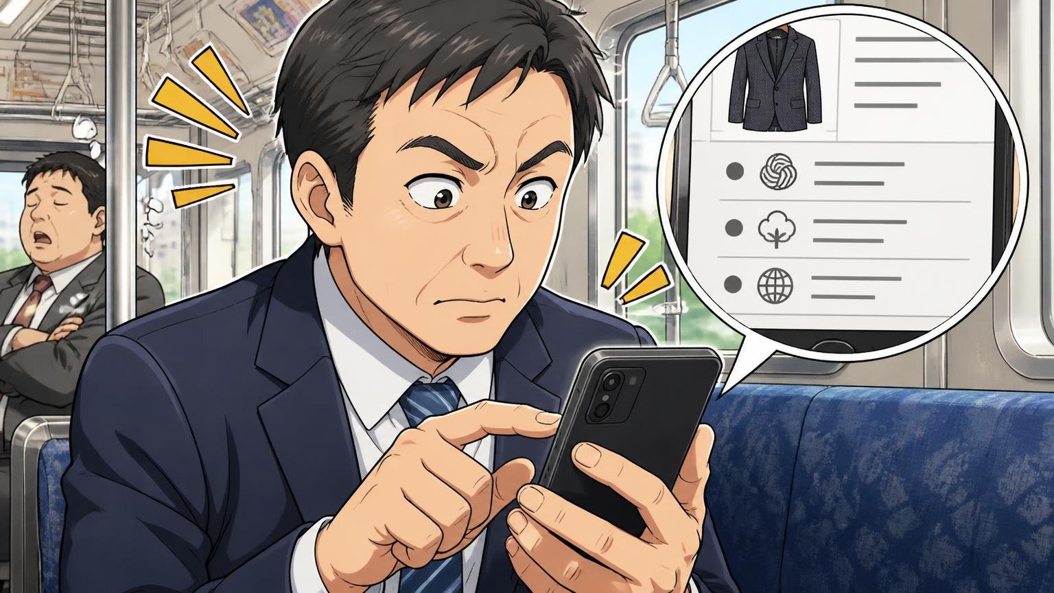 商品ページで素材と原産国の表記を確かめる 通勤電車の座席でスマホの商品ページの素材欄を拡大して読む40代男性
