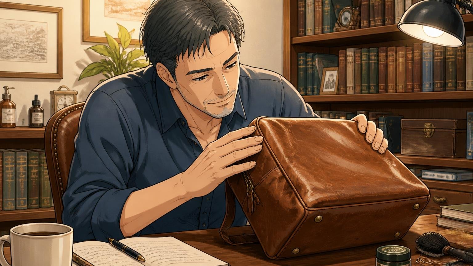 向いていない人|10年単位で本革を育て、修理しながら使いたい40代、休日の書斎で使い込んだ革バッグの角を手でなでる40代男性1人