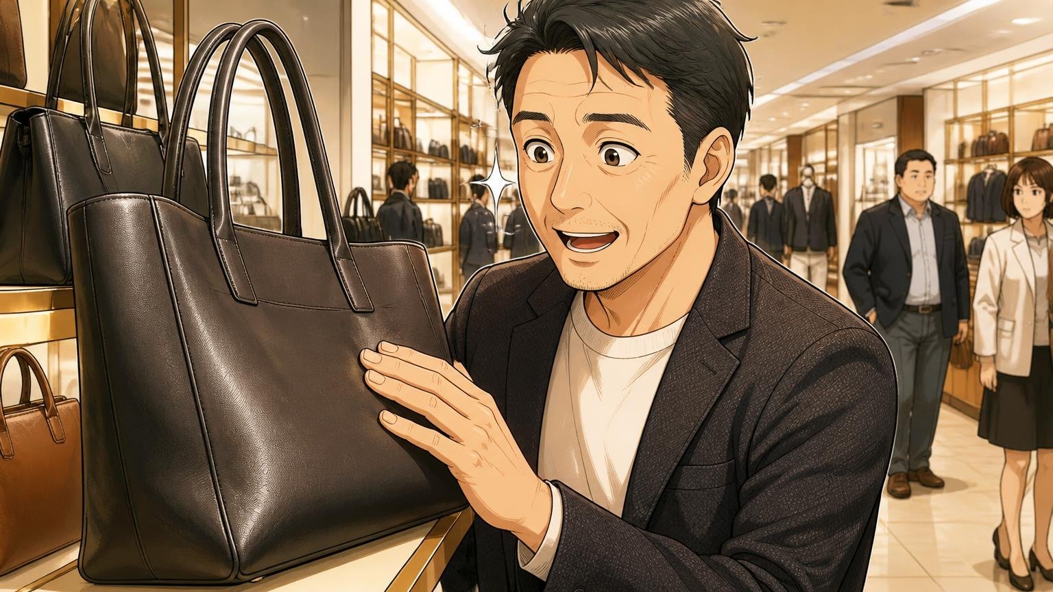 向いていない人|ロゴより素材で、40代らしい落ち着きを出したい人。百貨店の紳士服フロアで40代男性1人が無地の革バッグの表面に触れ、目を輝かせる場面