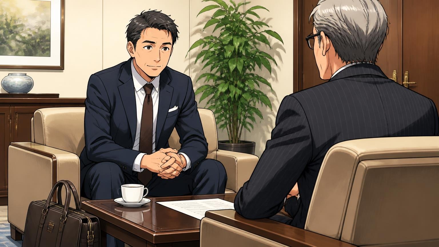 向いていない人|ロゴより素材と仕立てで信頼感を出したい40代 取引先の応接室で年上の決裁者と向き合い革のバッグを足元に置いて落ち着いて話す40代男性