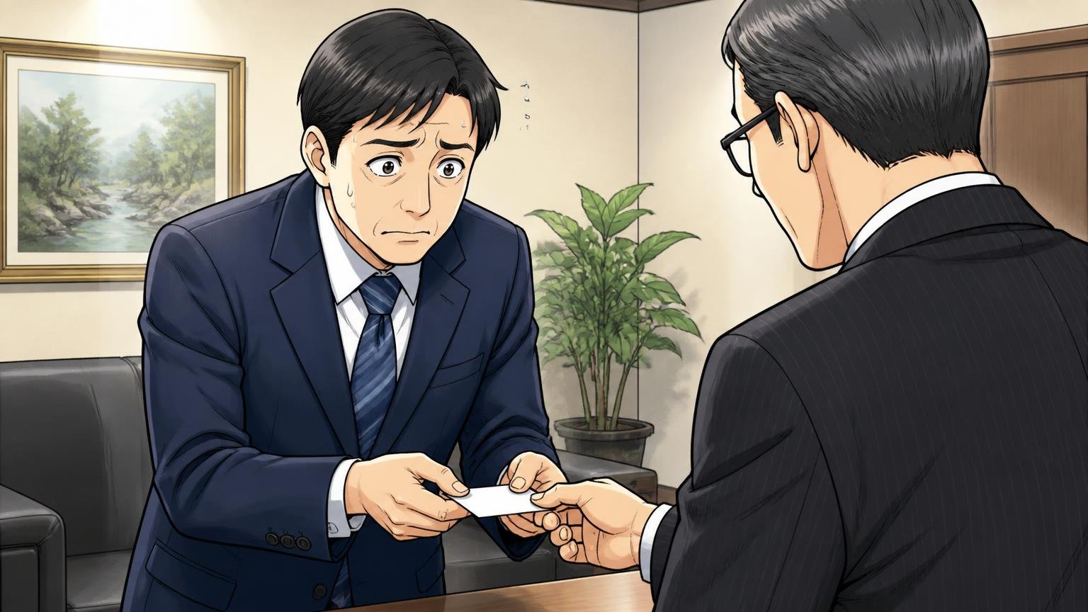 向いていない人|40代で商談・初対面が多く、落ち着きを見せたい人、応接室で取引先の部長と名刺交換をするスーツ姿の40代男性が少し緊張する場面