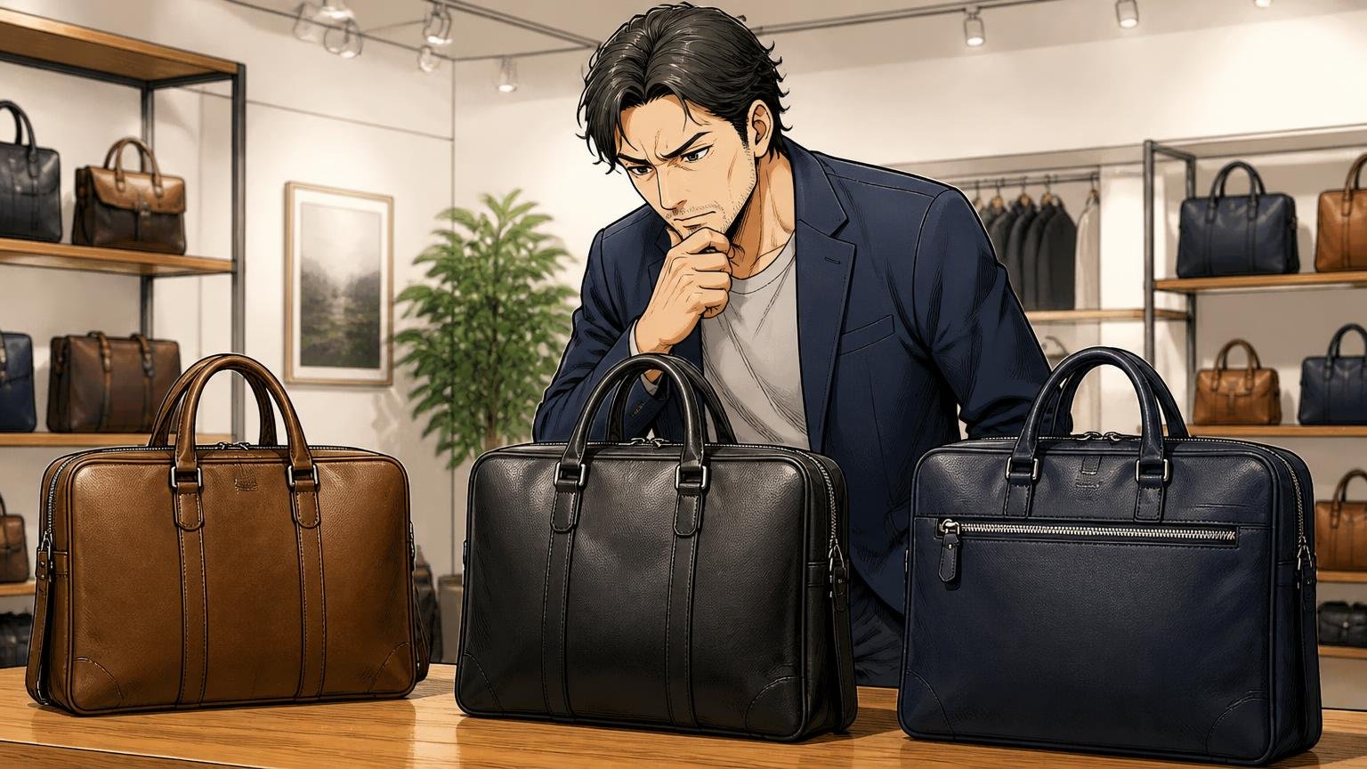 PCを入れて毎日持ち歩きたい40代が比べておきたい、日本製メンズ革バッグブランド3選 ショールームで革バッグ3つを見比べる場面、40代男性1人、真剣に選ぶ