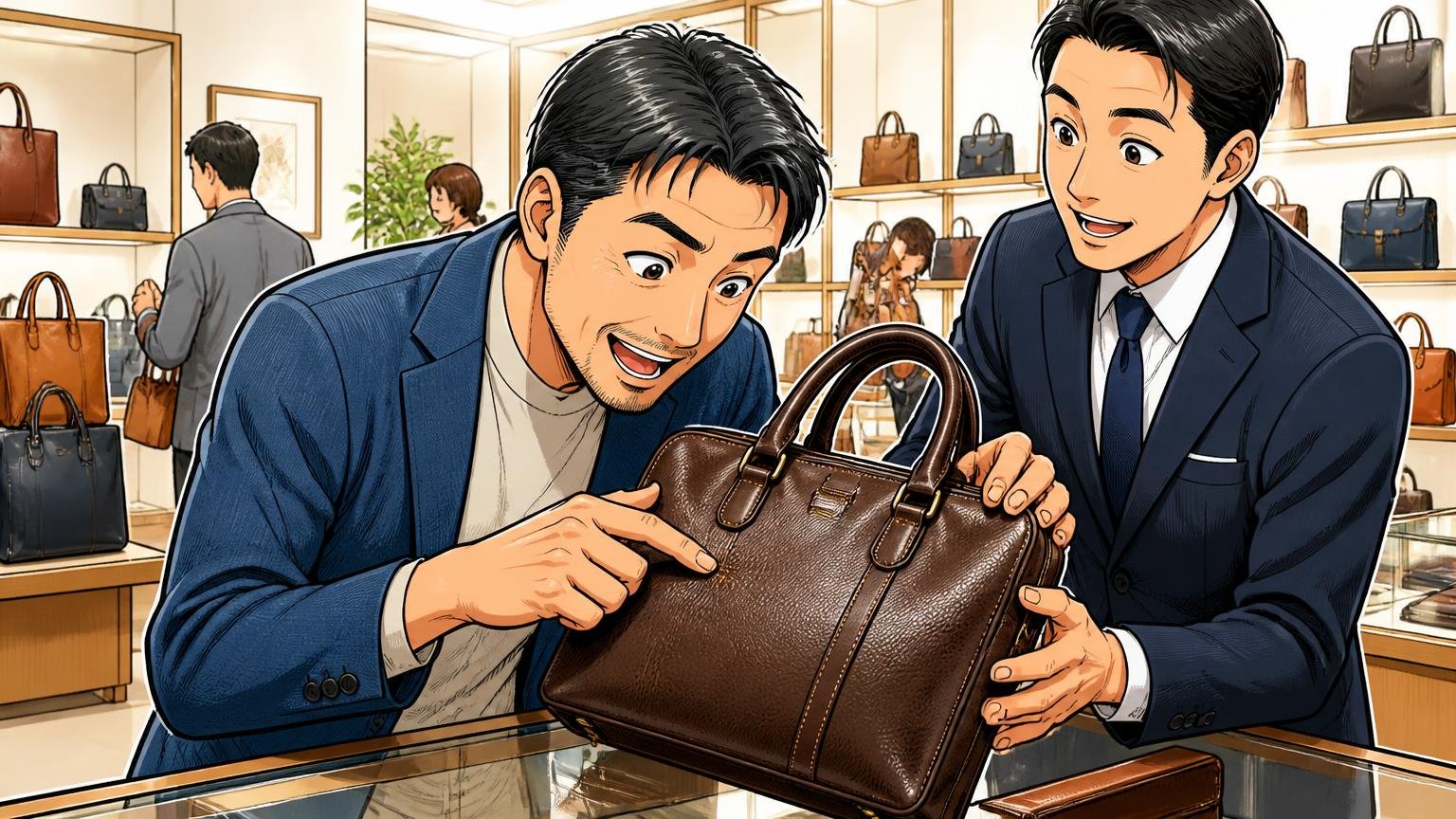 公式サイト・ショールーム・正規店で実物に触れる 明るいショールームで店員と一緒に革バッグの表面と持ち手の根元を指でなぞって確かめる40代男性の場面