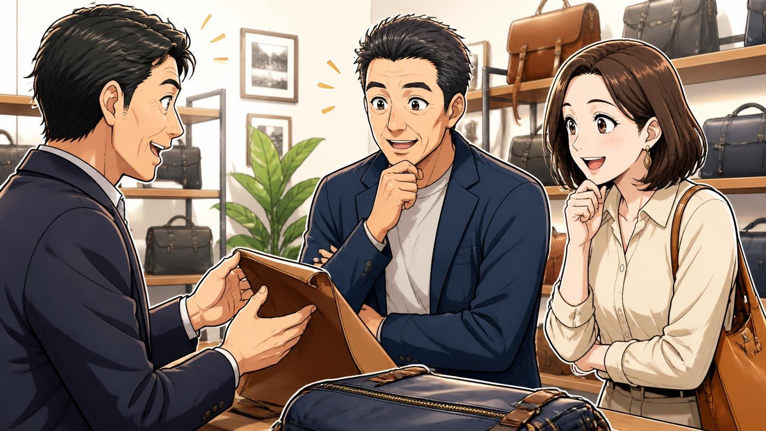 修理・返品・保証の条件を購入前に確認する　鞄のショールームで店員から修理の説明を受けてうなずく40代男性と女性2人