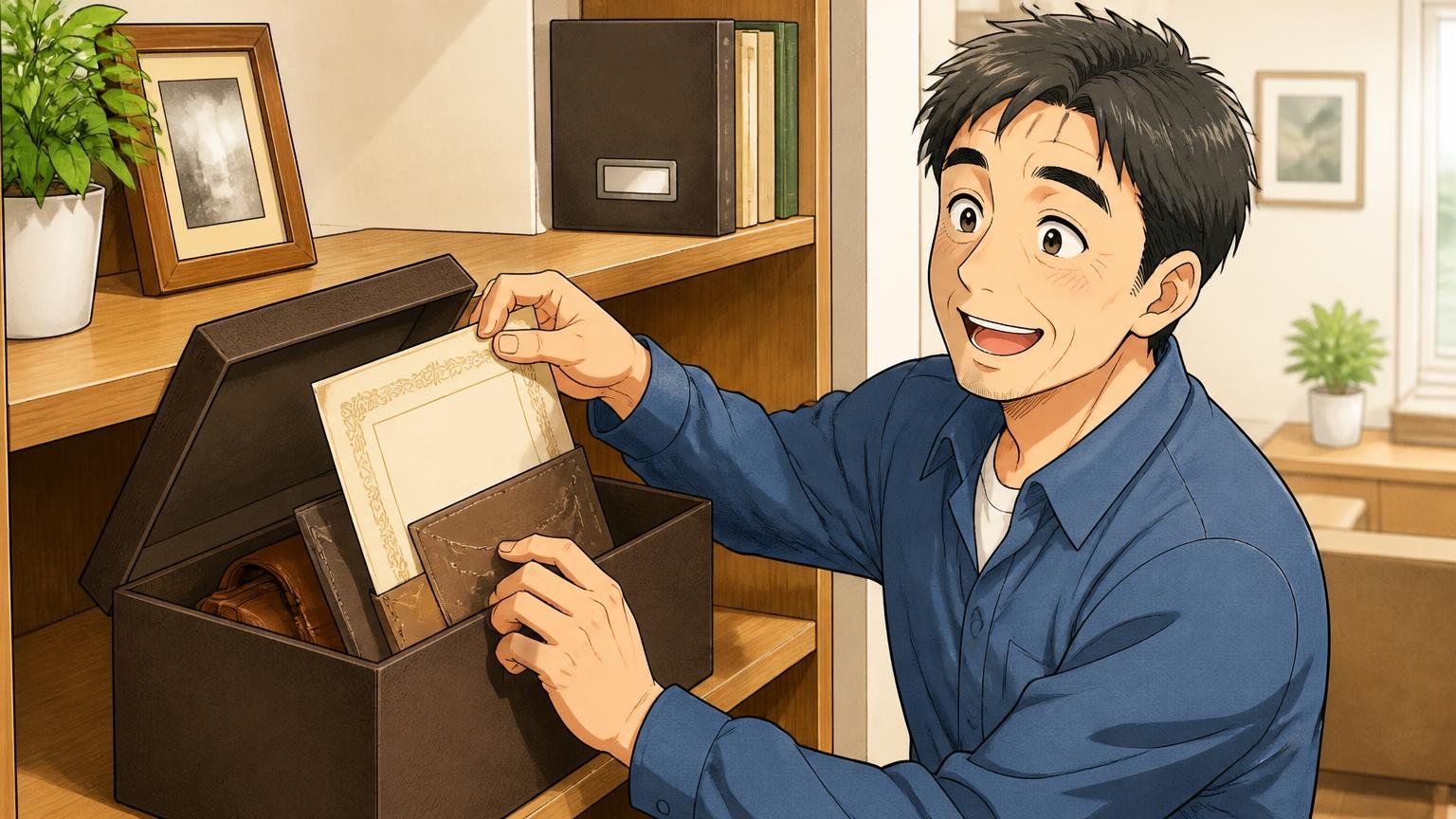 1年間の無償修理保証｜保証書と修理の送料に注意。リビングの棚で革バッグの箱に保証書をしまう40代男性1人がほっとした顔をする場面