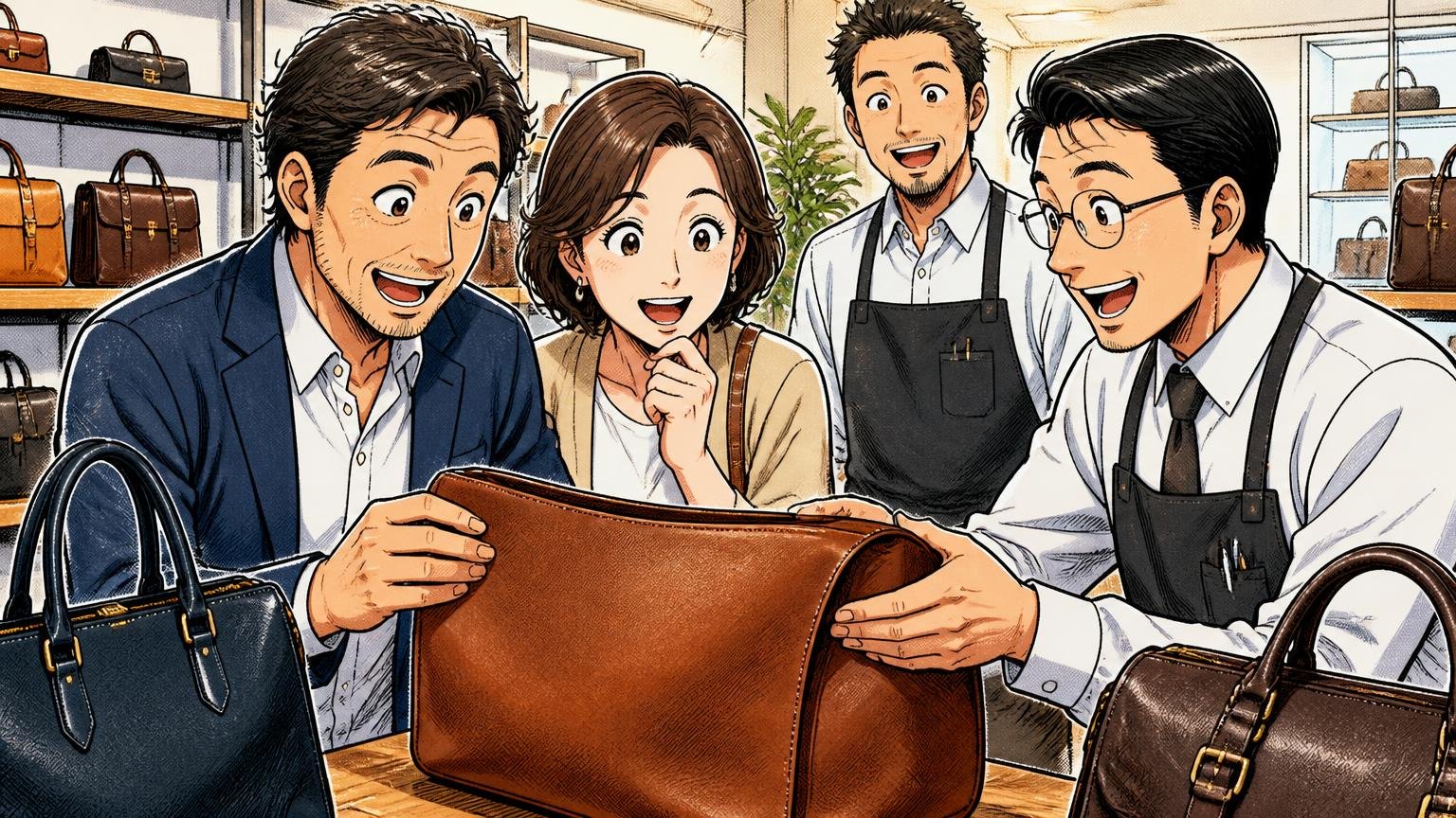 後悔しない革バッグの選び方は4ステップ ショールームで店員と革の質感を確かめる40代夫婦と店員3人