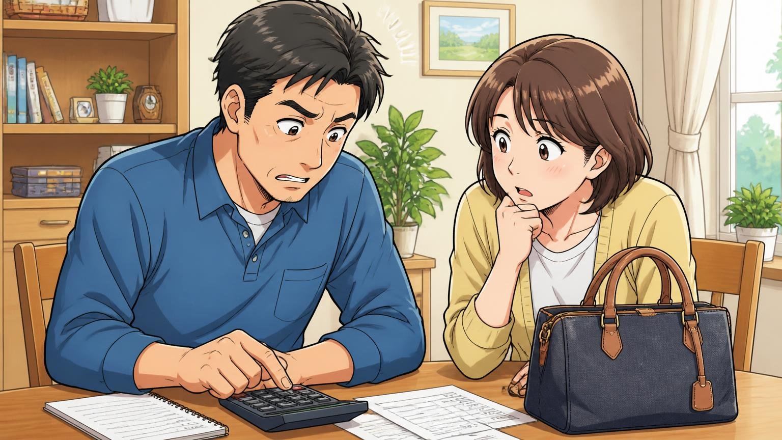 1年あたりのコストで比べる 自宅のダイニングで電卓をたたきバッグの費用を計算する場面 40代夫婦の2人が顔を見合わせる