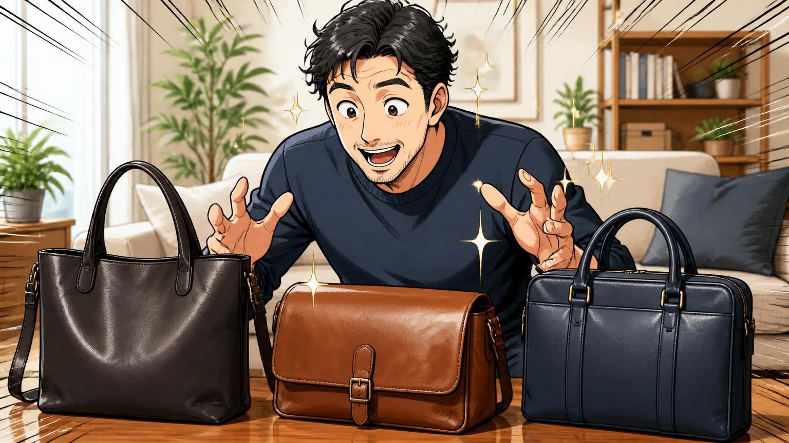 「価格の割に」を卒業したい40代が比べておきたい、日本製の革バッグブランド3選 自宅のリビングで3つの革バッグを並べて見比べる40代男性1人が目を輝かせる場面