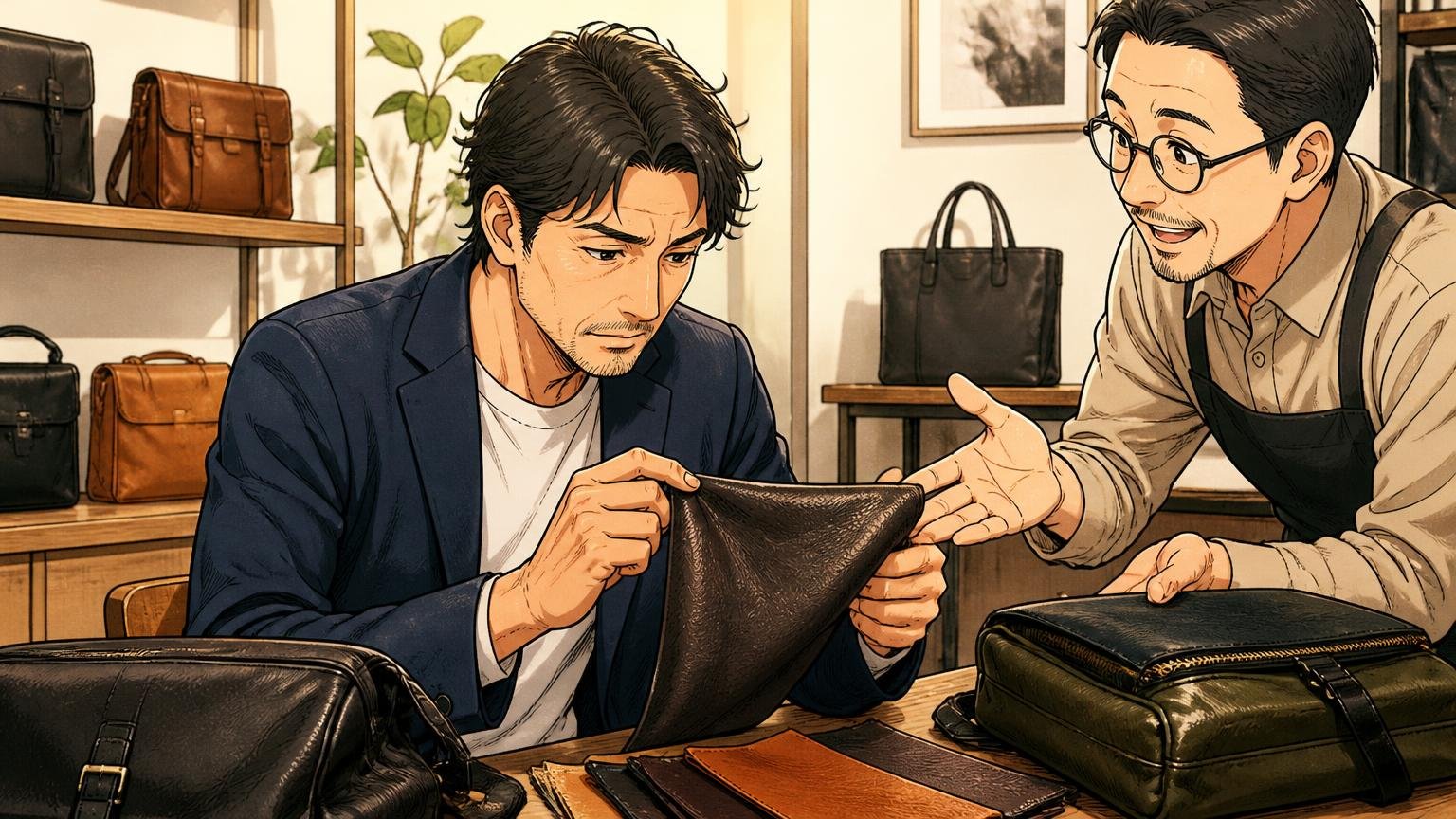 ロスコの“次の1本”を探す40代へ。日本製のメンズ革バッグブランド3選。ショールームで店員と一緒に革の質感を確かめる40代男性1人の場面