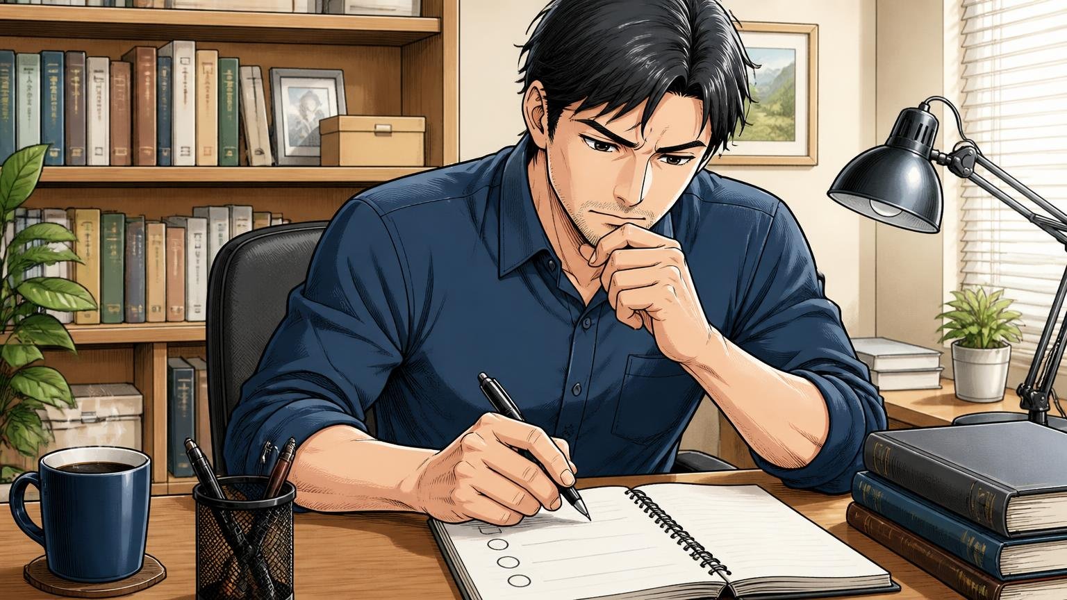 40代のビジネス用途で後悔しないための3つの確認ポイント 自宅の書斎でノートに確認項目を書き出す場面 40代男性1人 ペンを持って真剣に考える