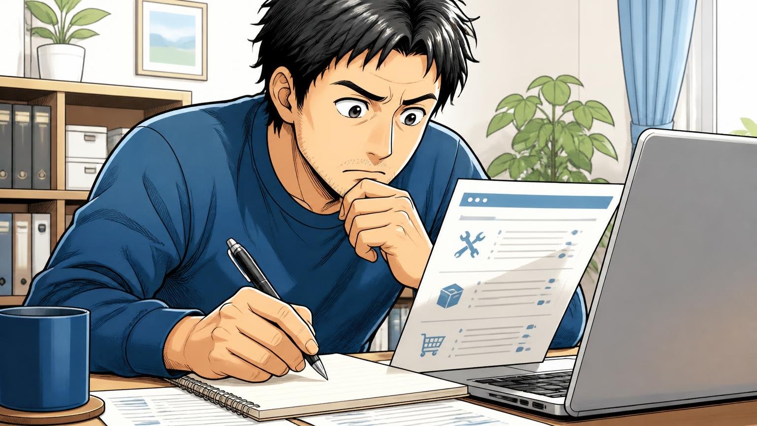 修理と返品の条件を確認 自宅のデスクで公式サイトの返品条件を読みながらメモする40代男性1人