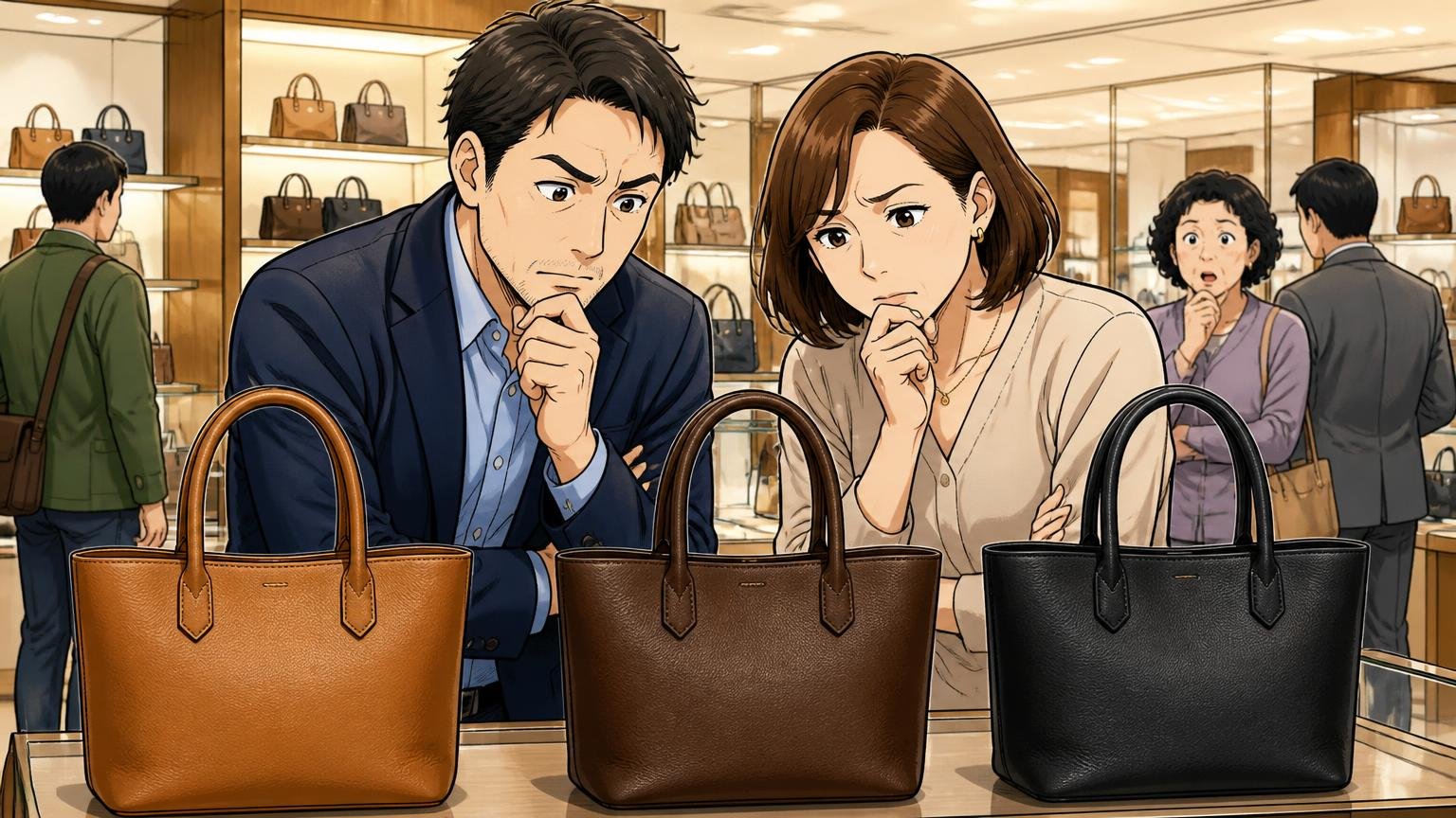 迷ったら実物を見比べた人をまねする　百貨店の鞄売り場で3つの革のトートを並べて見比べる40代夫婦が真剣な場面