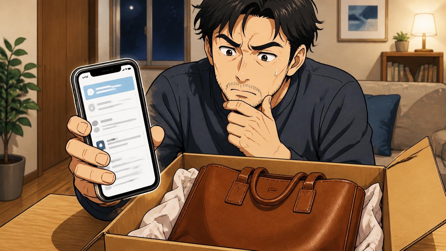 返品の条件(通販のルール)/夜のリビングでスマホの返品ページを拡大し、届いた革トートの箱を前に考える40代男性1人