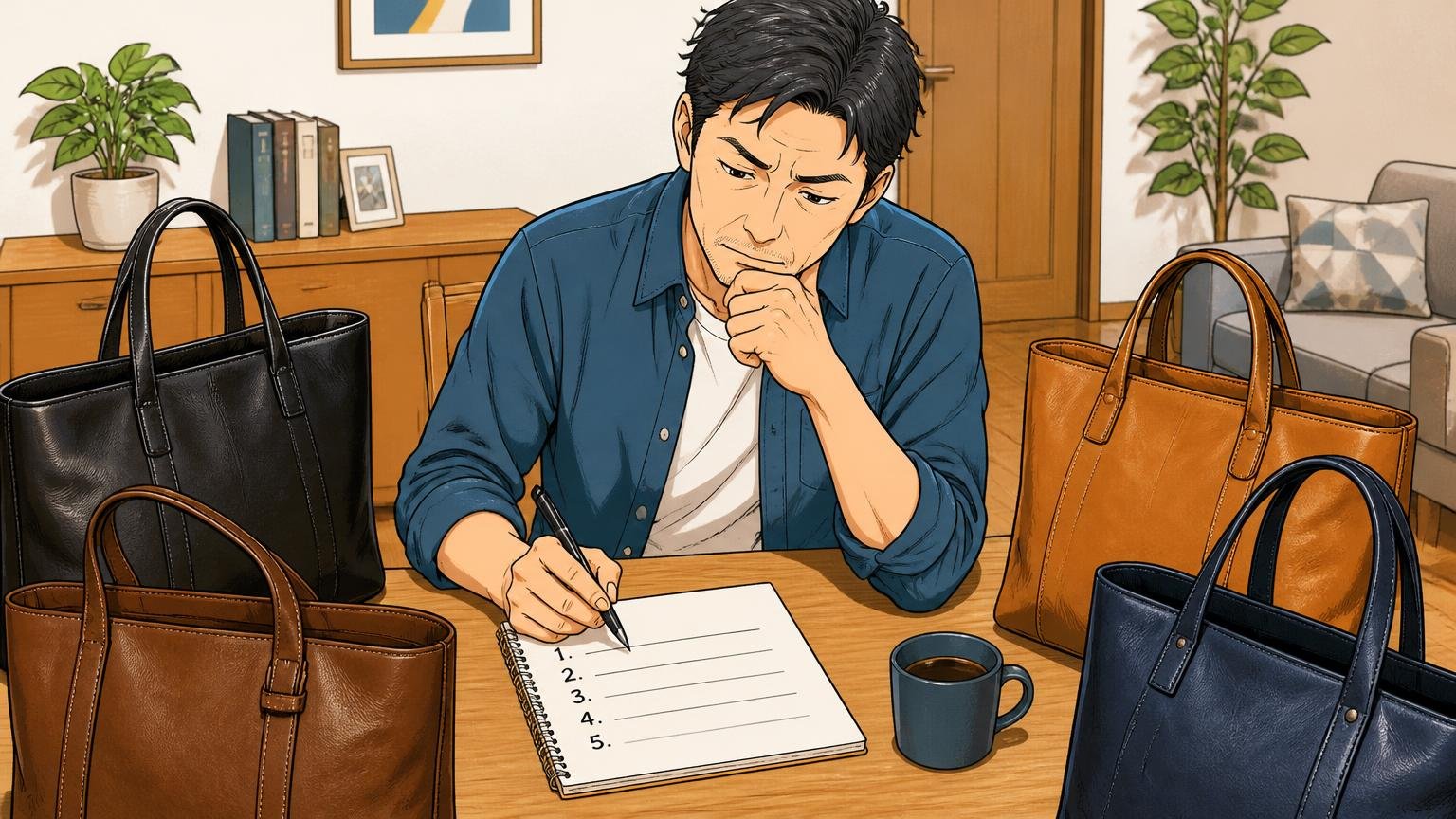 買う前に確認したい5つのこと　自宅のダイニングでノートに用途を書き出しながら革のトート選びを計画する40代男性1人