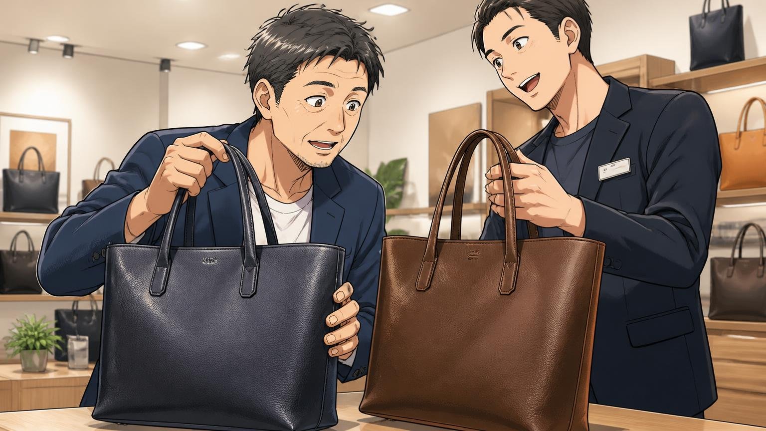 迷ったら、日本製ブランドの公式サイトやショールームで実物と見比べる：ショールームで店員と40代男性が2つの革トートの持ち手を確かめる場面