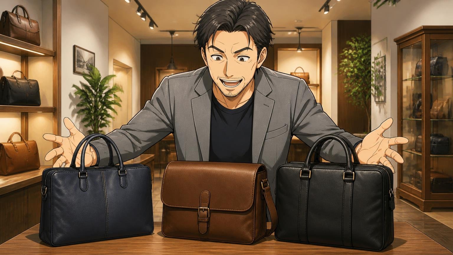 評判を調べ尽くした40代が最終候補に残す、日本製メンズ革バッグブランド3選 落ち着いたショールームで3つの革バッグを前に笑顔で選ぶ男性1人の場面