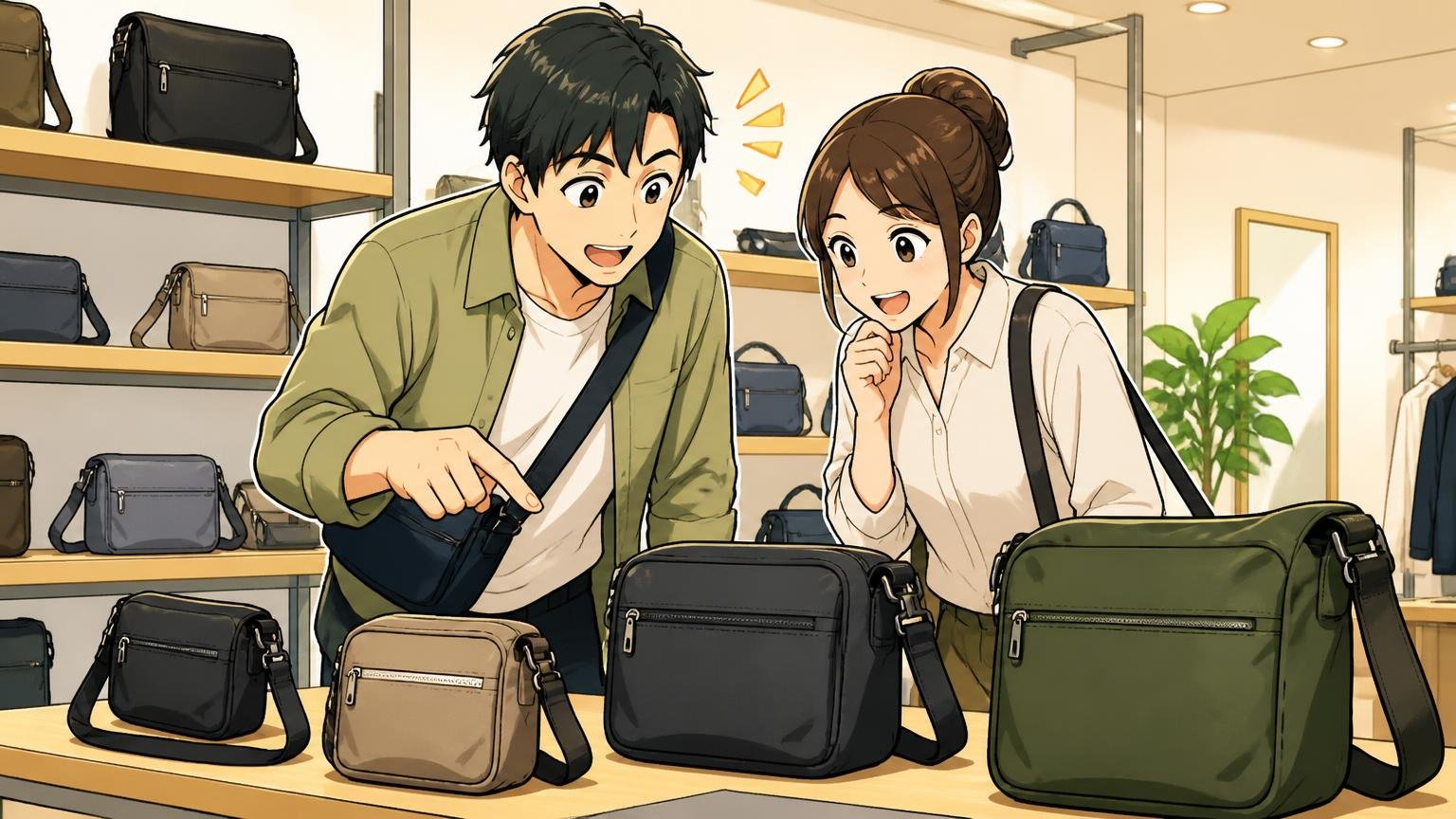 用途別に選ぶなら、どのショルダーが合うか ショールームの棚の前で大小のショルダーを並べて見比べる夫婦2人の場面