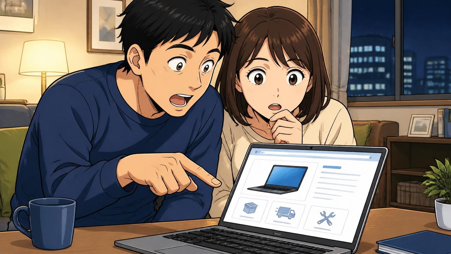 返品・送料・修理の条件を公式サイトで確認 夜のリビングでノートPCの購入ページを指差し確認する夫婦2人
