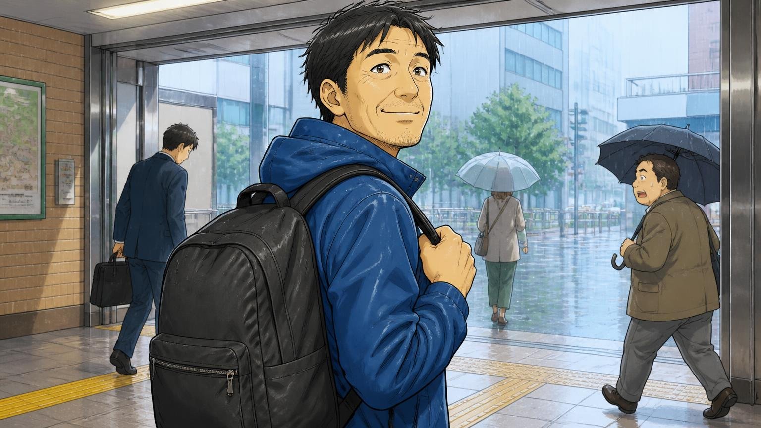 70-05000（ナイロン）は雨の日用・予算重視の人に、雨の日の駅の出口でナイロンのリュックを背負う40代男性1人が安心した表情になる場面