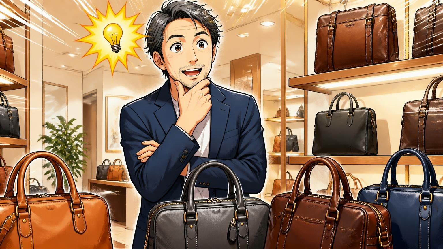 どちらにもピンとこない人が見落としている判断軸、ショールームで複数の革バッグを前に腕を組みひらめいた表情の40代男性1人