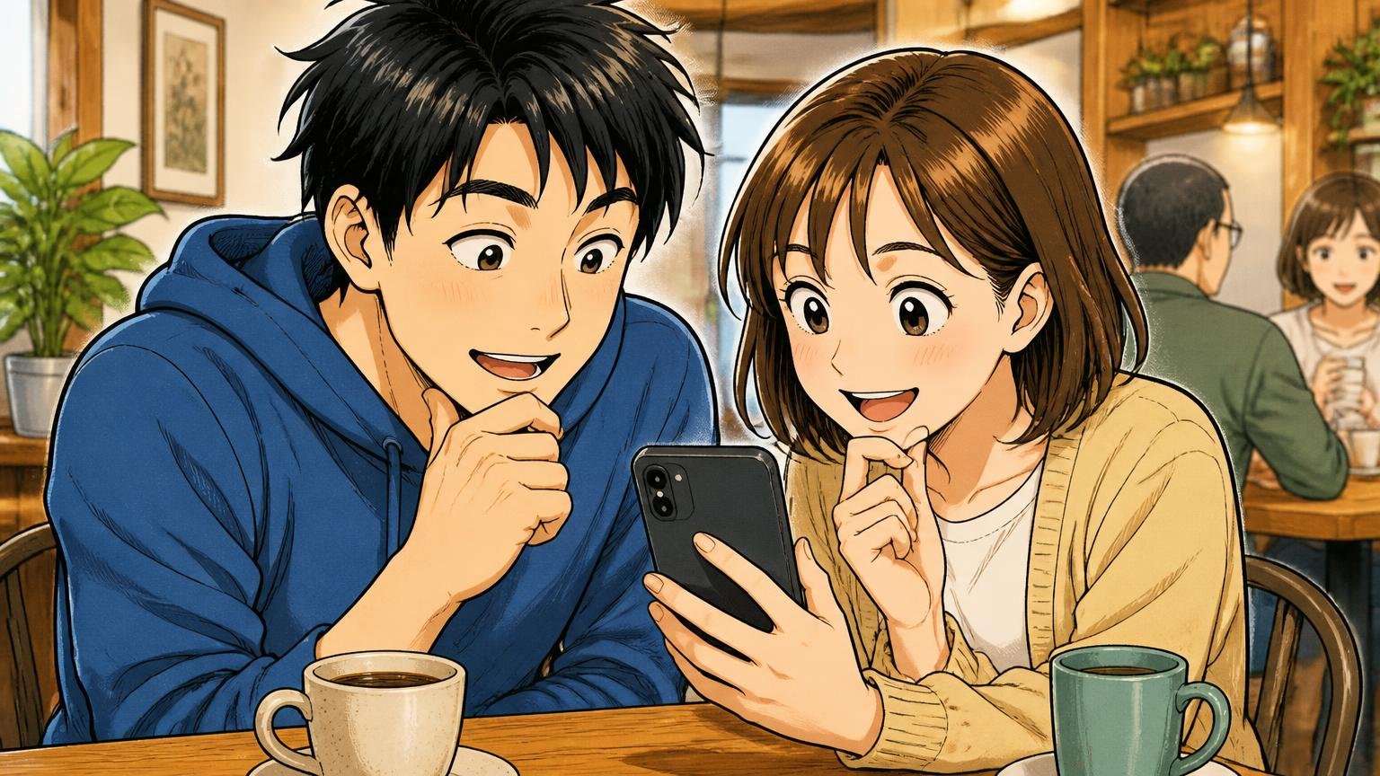 良い口コミは「何年使った人の声か」で読む、カフェでスマホの口コミを読み頷く男女2人