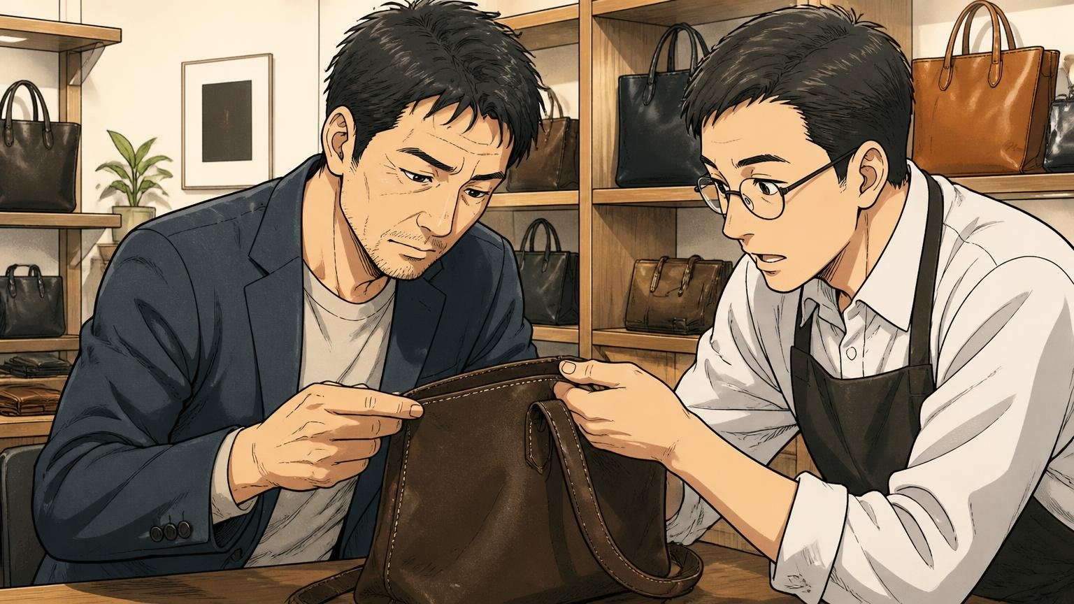 向いていない人が次に選びたい「ロゴで主張しない日本製の革バッグ」の条件 ショールームで40代男性1人と店員1人が革のバッグの縫い目を確かめる場面
