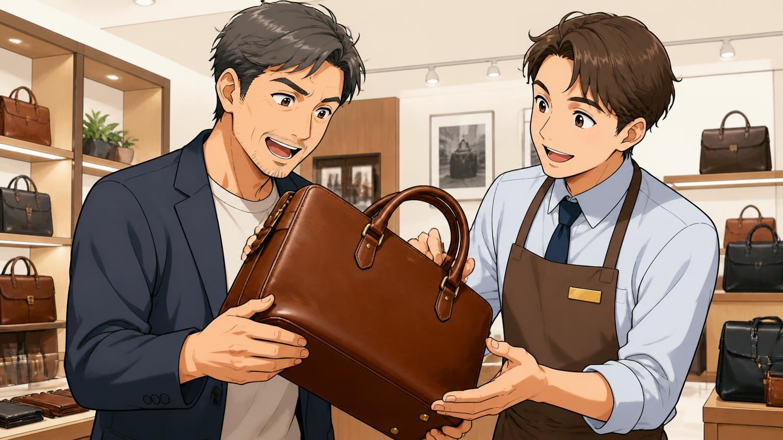 ショールームや店舗で実物を手に取ってから決める ショールームで店員と一緒に革のバッグの艶と重さを確かめる40代男性と店員の2人