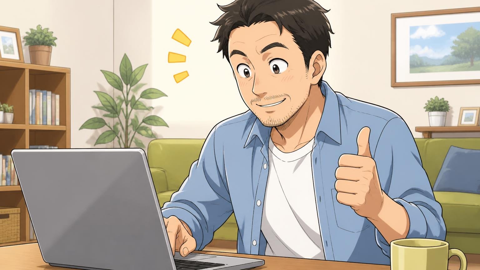 ステップ3　修理・返品の条件を確かめてから、自分のタイミングで選ぶ 自宅のリビングでノートPCで修理ページを確認する40代男性が安心してうなずく場面