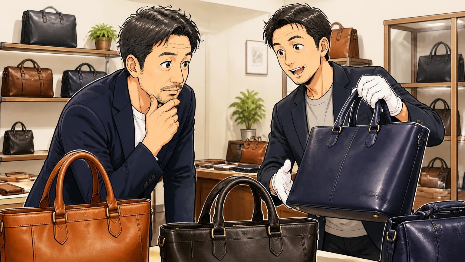 「きちんとした場面の1本」を探す40代へ。ロゴに頼らない日本製の革バッグブランド3選|ショールームで革のバッグを見比べる場面、40代男性1人と店員の2人