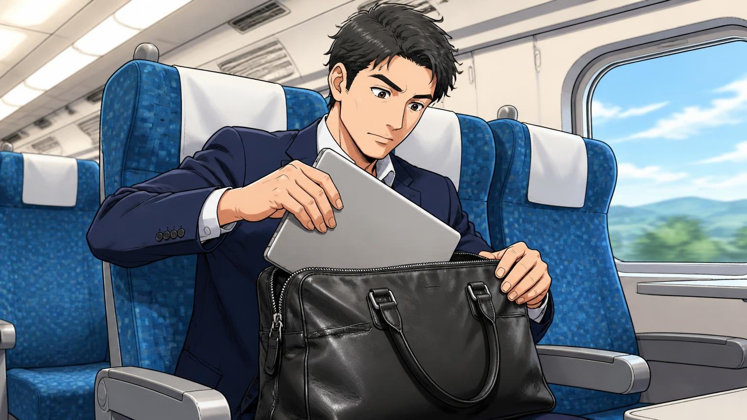 通勤・出張・休日、どの用途で使うかで答えは変わる、新幹線の座席でノートPCを革バッグから取り出す男性1人