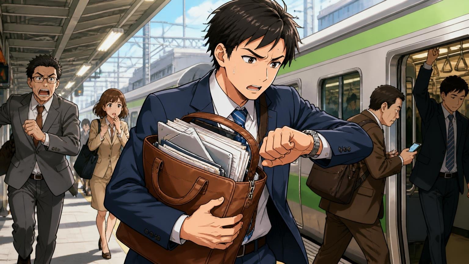 PCと書類を毎日フルで持ち歩き、修理も国内で早く済ませたい人 朝の駅のホームで書類とPCでふくらんだ革バッグを抱え、腕時計を気にする出張前の男性
