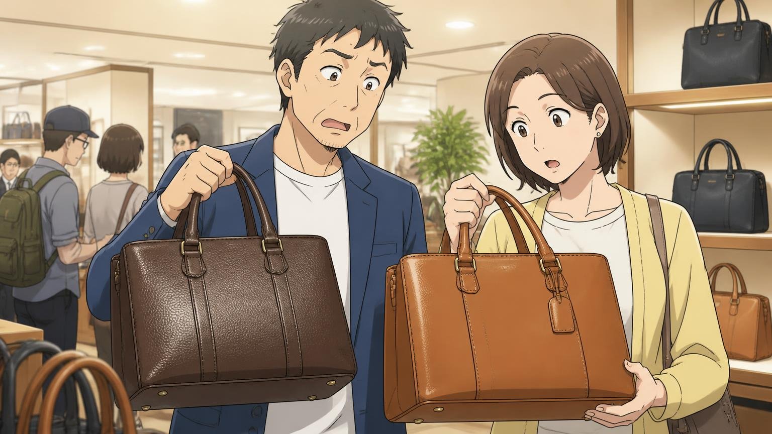 どのシリーズの声か 百貨店の鞄売り場で2種類の革バッグを手に持って見比べる夫婦の2人