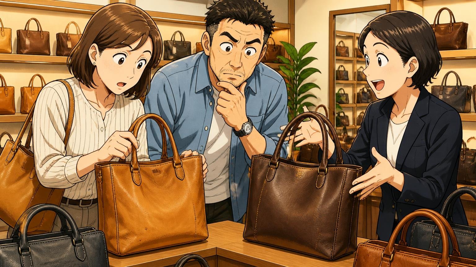 通販は「イメージ違い」の返品不可|実物を見られる店舗、予約なしで入れる直営店のショールームで革のバッグを見比べる40代夫婦2人と店員1人