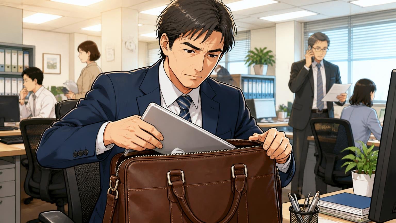 40代男性がビジネスで使うときの3つの確認ポイント|オフィスのデスク脇で40代男性が革のビジネスバッグにノートPCを入れて確かめる場面