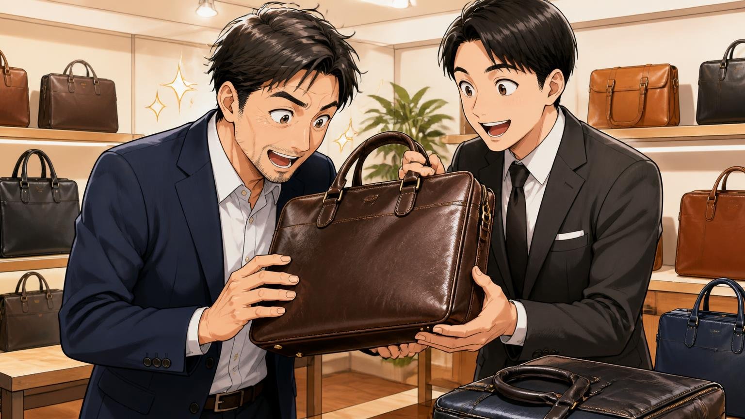 本革の日本製で選びたい40代が、比べておきたい革バッグブランド3選、ショールームで、40代男性と店員の2人が本革のビジネスバッグの質感を確かめ目を輝かせる場面