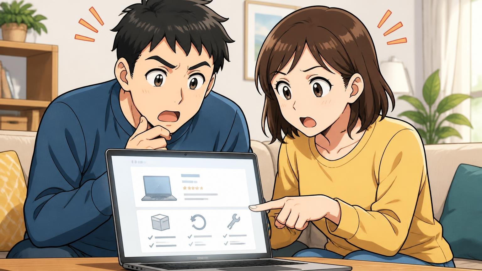 在庫返品修理の条件を買う前に公式で確認する。自宅のソファでノートパソコンの購入ページを見ながら条件を指さし確認する夫婦2人