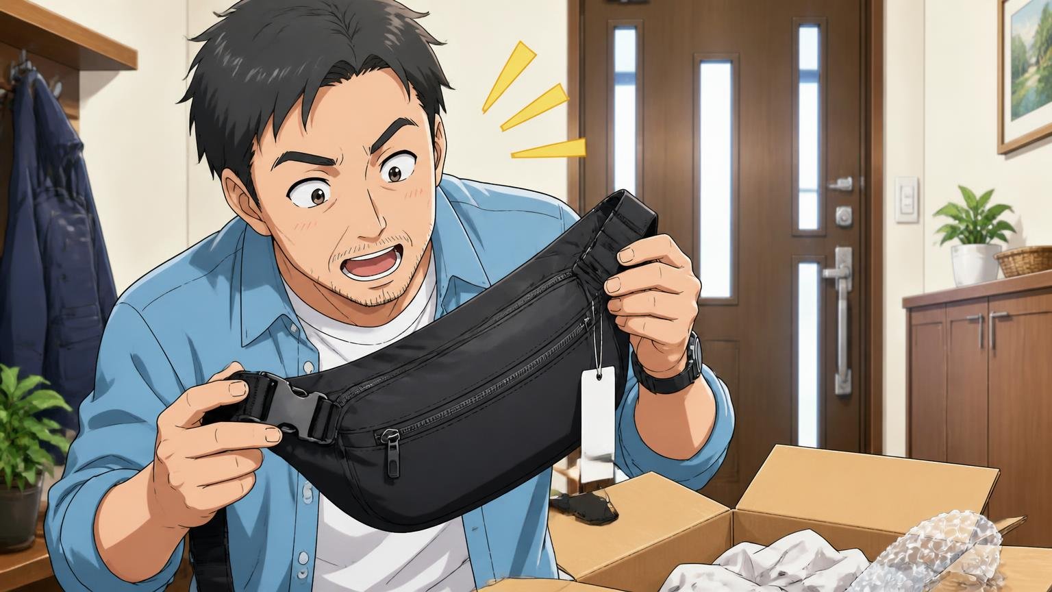 購入先の返品条件を確認し、届いたらすぐチェックする 自宅の玄関で届いたボディバッグのタグを付けたまま留め具を確かめる40代男性