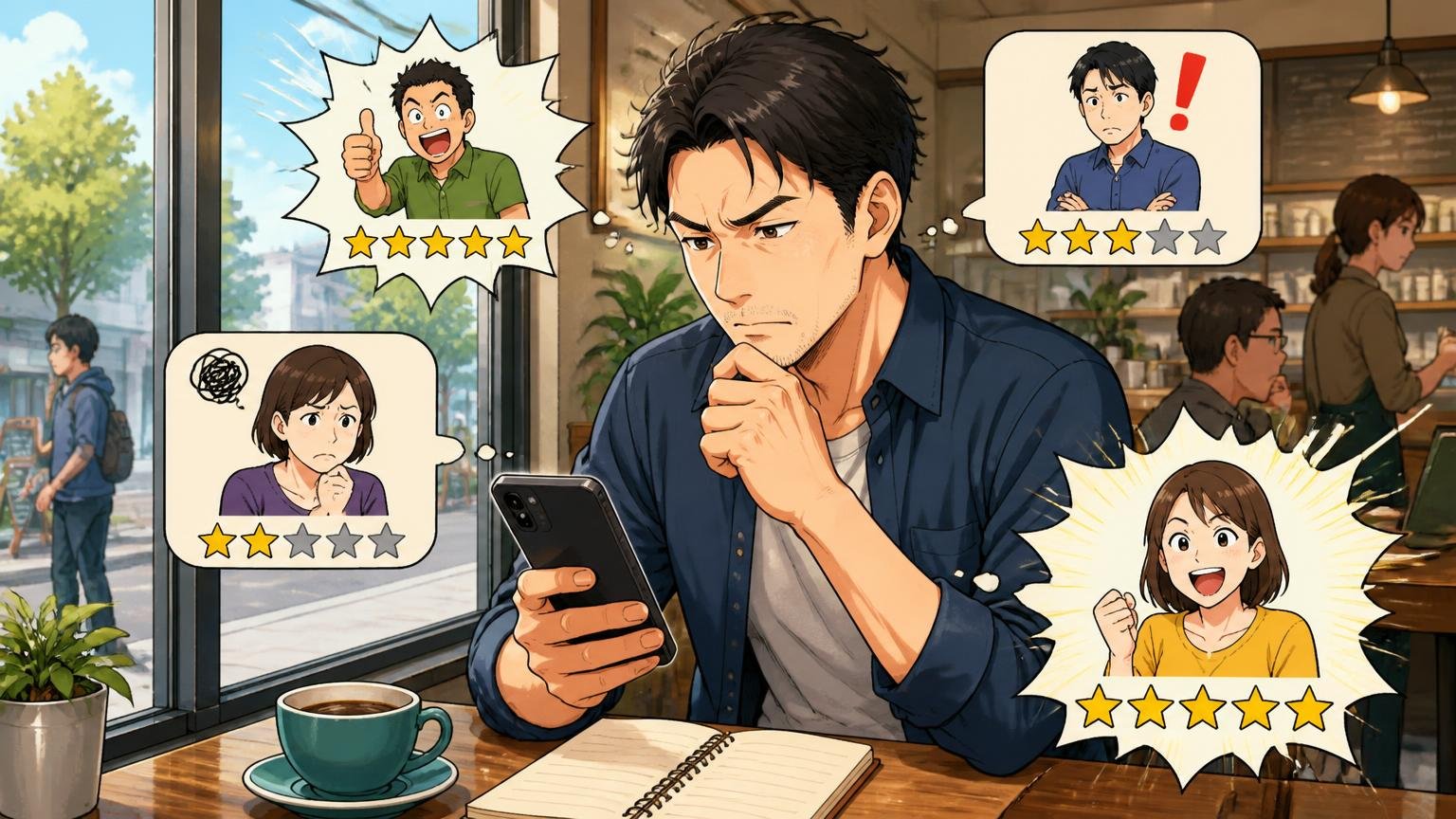 口コミで後悔しないための読み方3ステップ、カフェの窓際でスマホのレビューを読みながらメモを取る40代男性1人