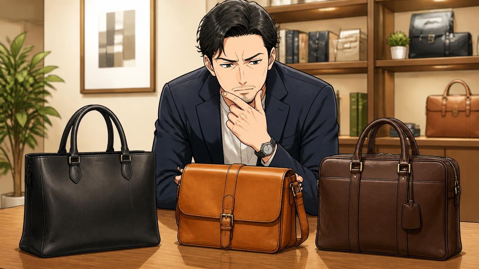品よく長く使いたい40代が比べておきたい、日本製の革バッグブランド3選 落ち着いたショールームで3つの革バッグを並べて見比べる40代男性1人の場面