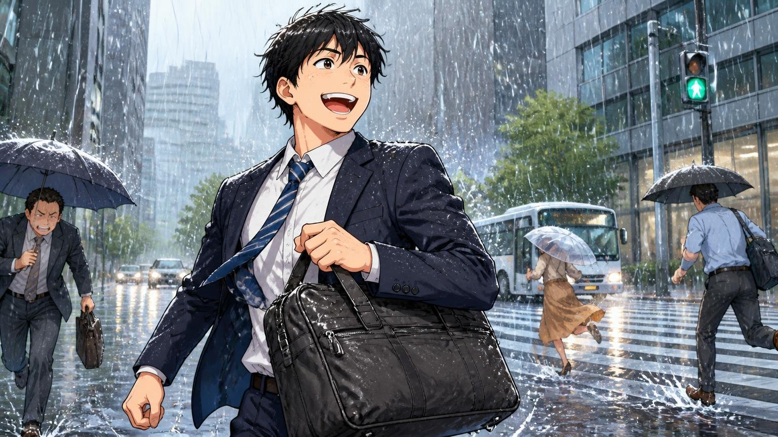 雨の日も気にせずガシガシ使いたい人。土砂降りの交差点でナイロンのビジネスバッグを気にせず持ち歩き笑う男性1人