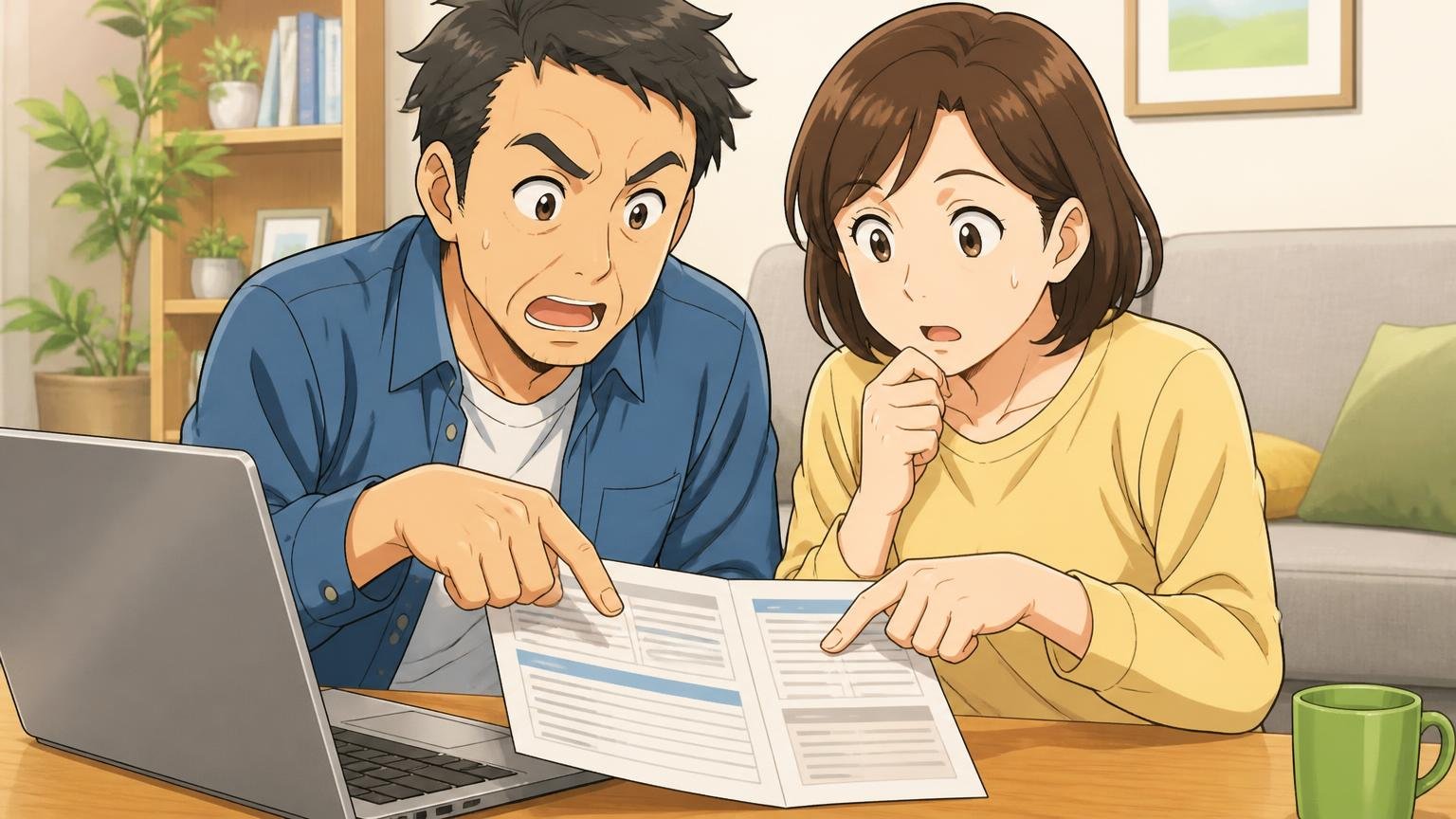 ステップ3:保証の年数と、無料になる範囲・送料まで確認する自宅のリビングでパソコンの保証規定を読む40代夫婦2人が指差し確認する場面