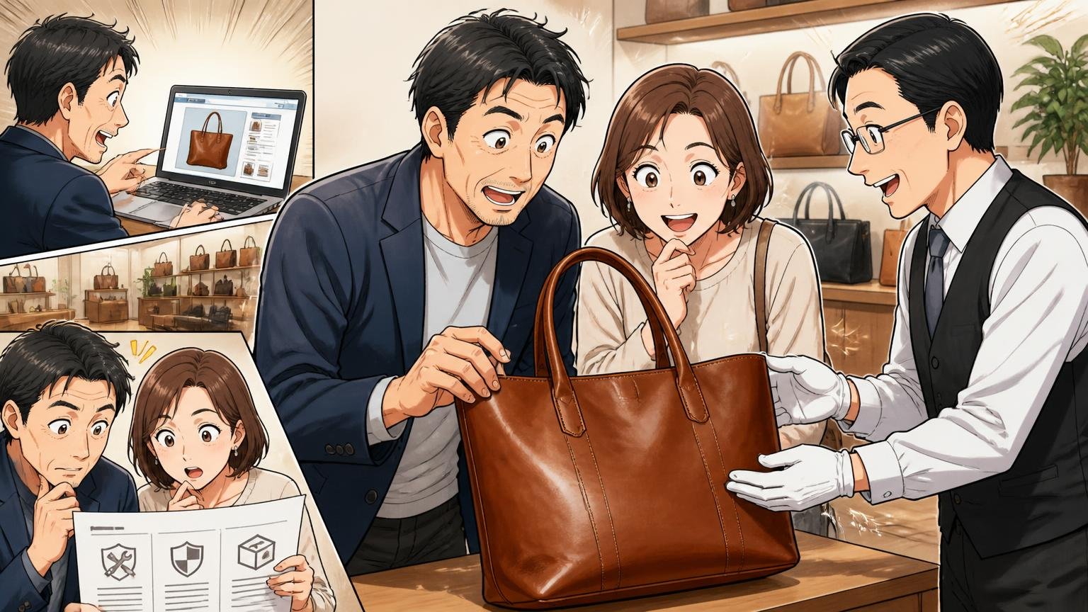 公式サイトとショールームで、修理・保証・返品の条件まで確認する ショールームで店員と一緒に革トートの重さと艶を確かめる40代夫婦と店員の3人